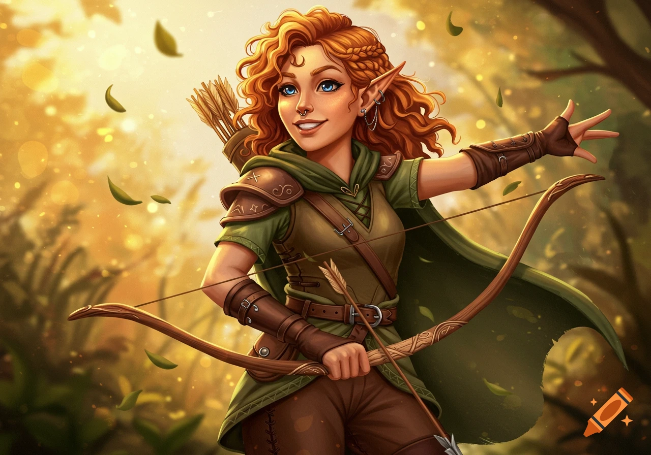 An auburn-haired elf ranger with a bow stands in a sunlit forest, wearing green and brown attire with a septum ring.