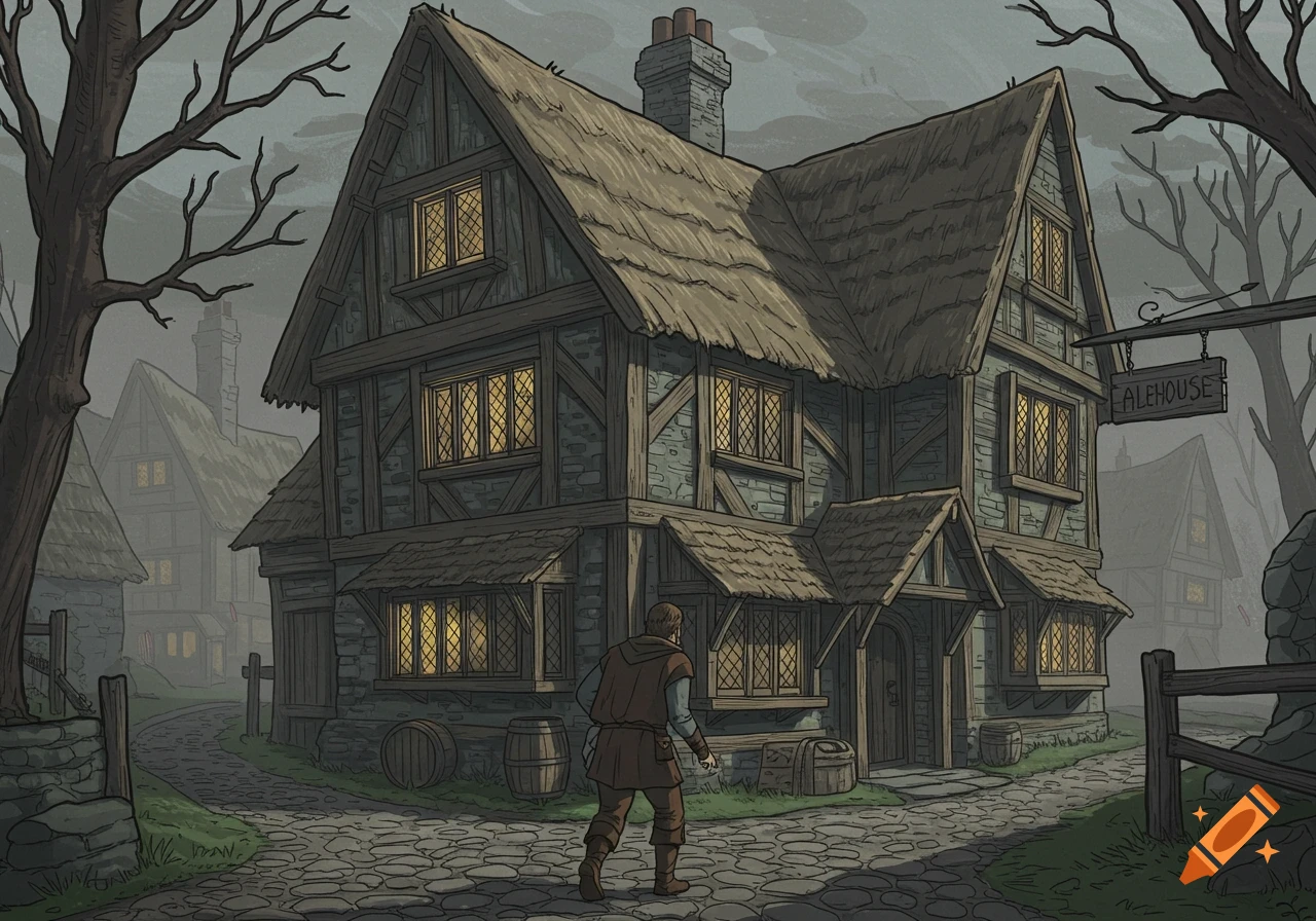 A man walks on a cobblestone path towards a medieval alehouse with glowing windows and a thatched roof, under a grey sky.