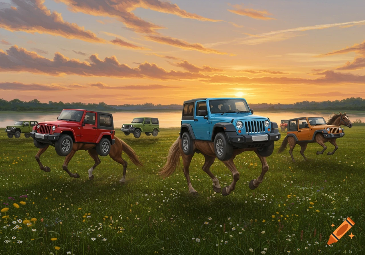 A herd of red, blue, green, and orange Jeeps with horse legs runs through a grassy field with wildflowers under a sunset sky.