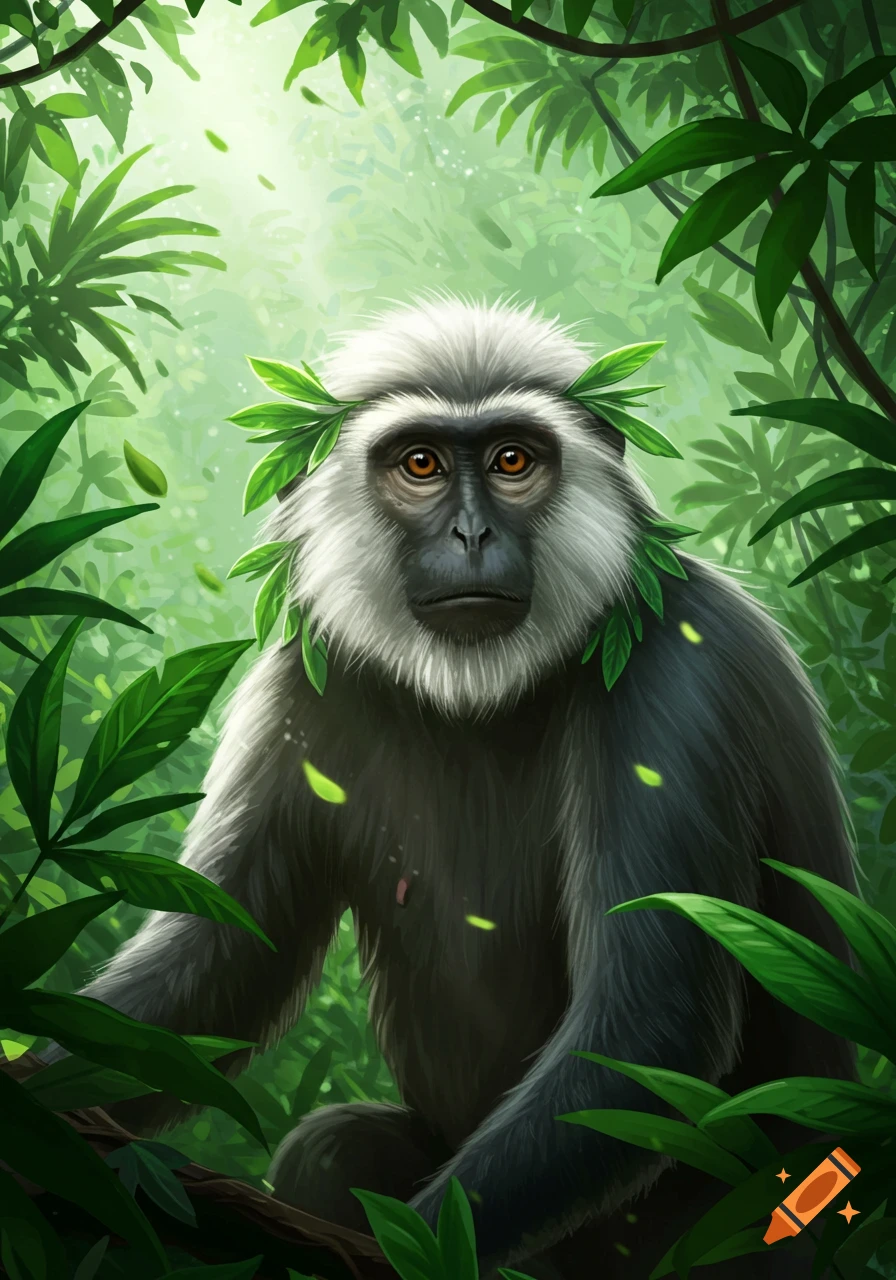 A grey and white monkey with leaves on its head sits in a lush green jungle, illustrated style.