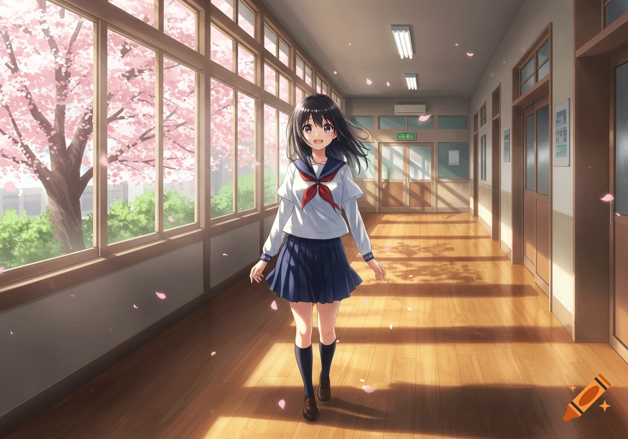 An anime high school girl walks down a sunlit school hallway, with cherry blossoms visible outside the windows.