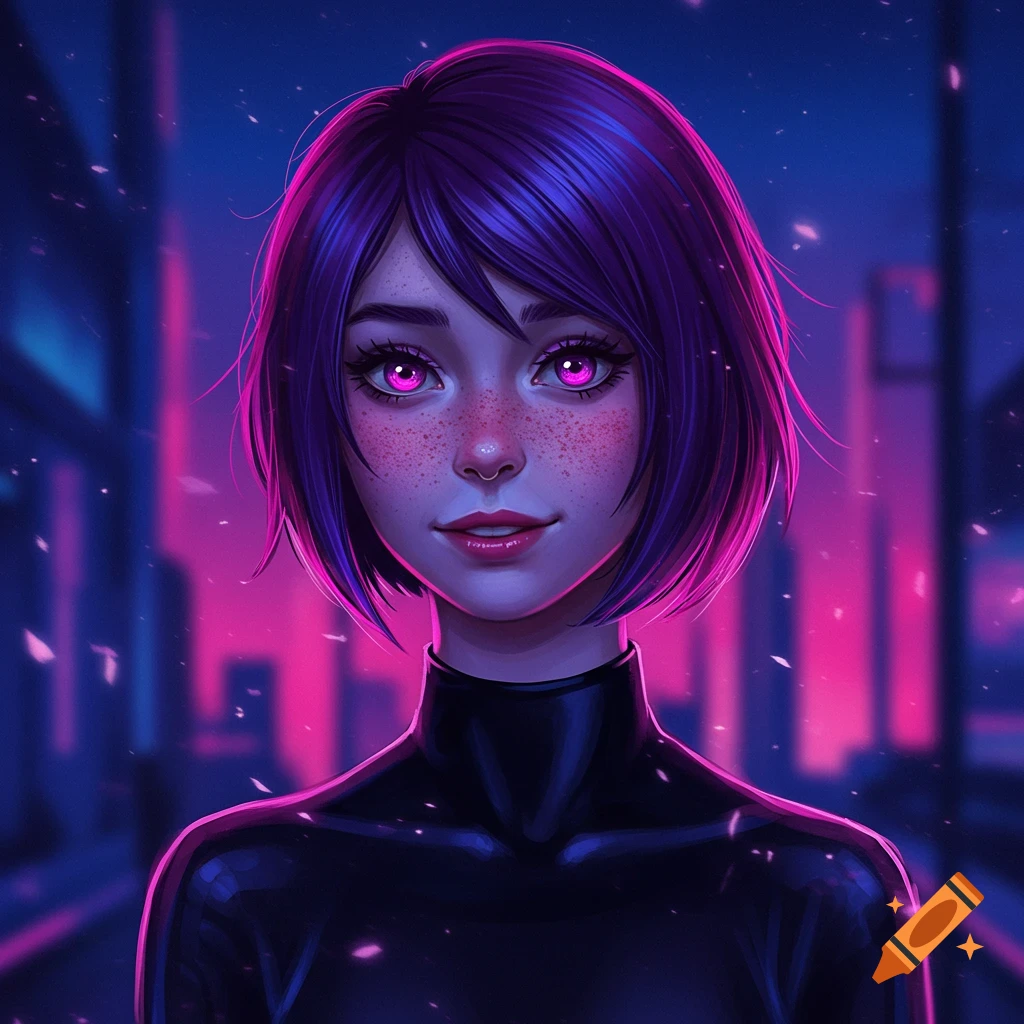 Stylized portrait of a girl with short purple hair, pink eyes, freckles, and black turtleneck against a neon cityscape.