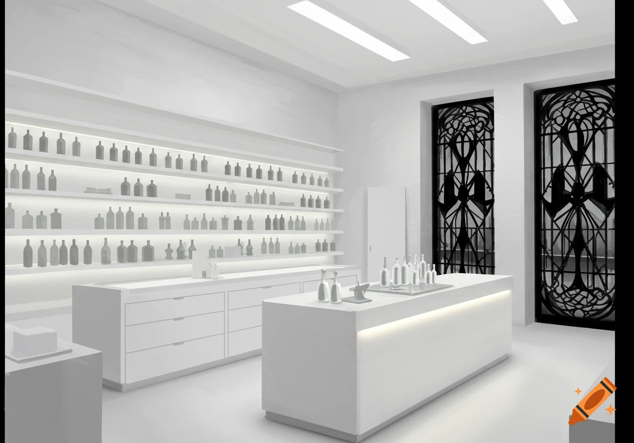 A minimalist, all-white store interior with shelves of bottles, counters, and two ornate black window frames.