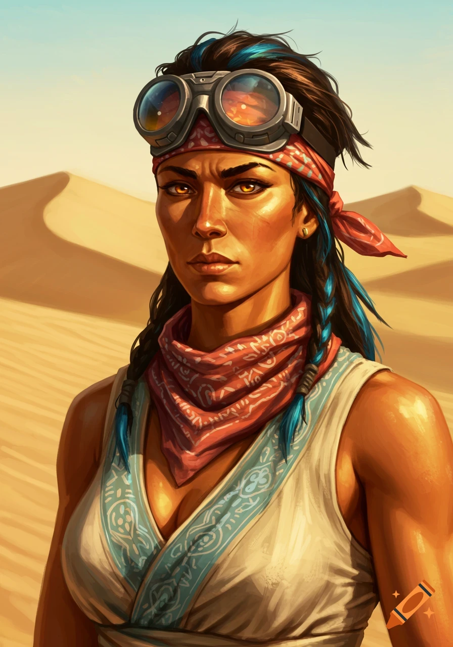 A digital painting of a tough woman with orange eyes, goggles, and a red bandana, standing in a desert.