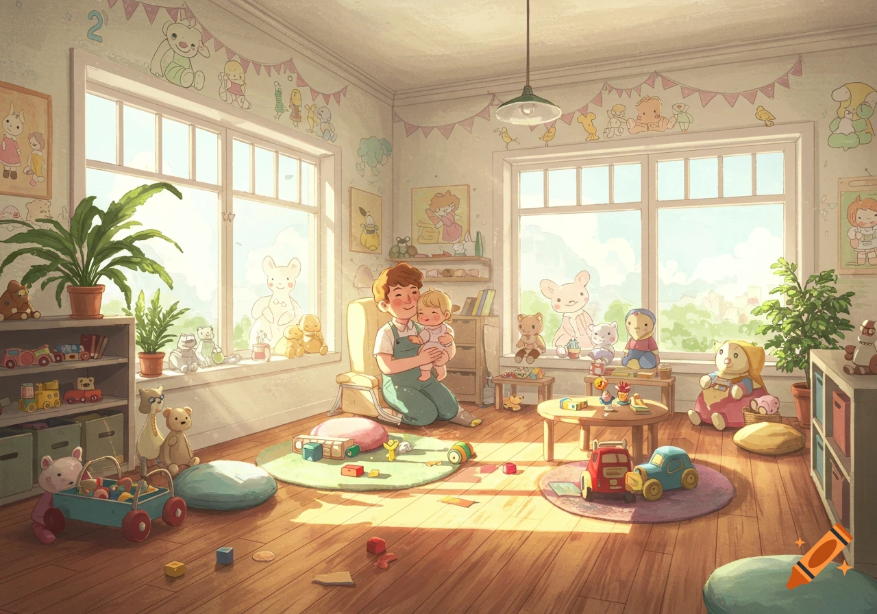A man holding a baby in a bright, sunlit nursery filled with toys, stuffed animals, and large windows, in an illustrated style.
