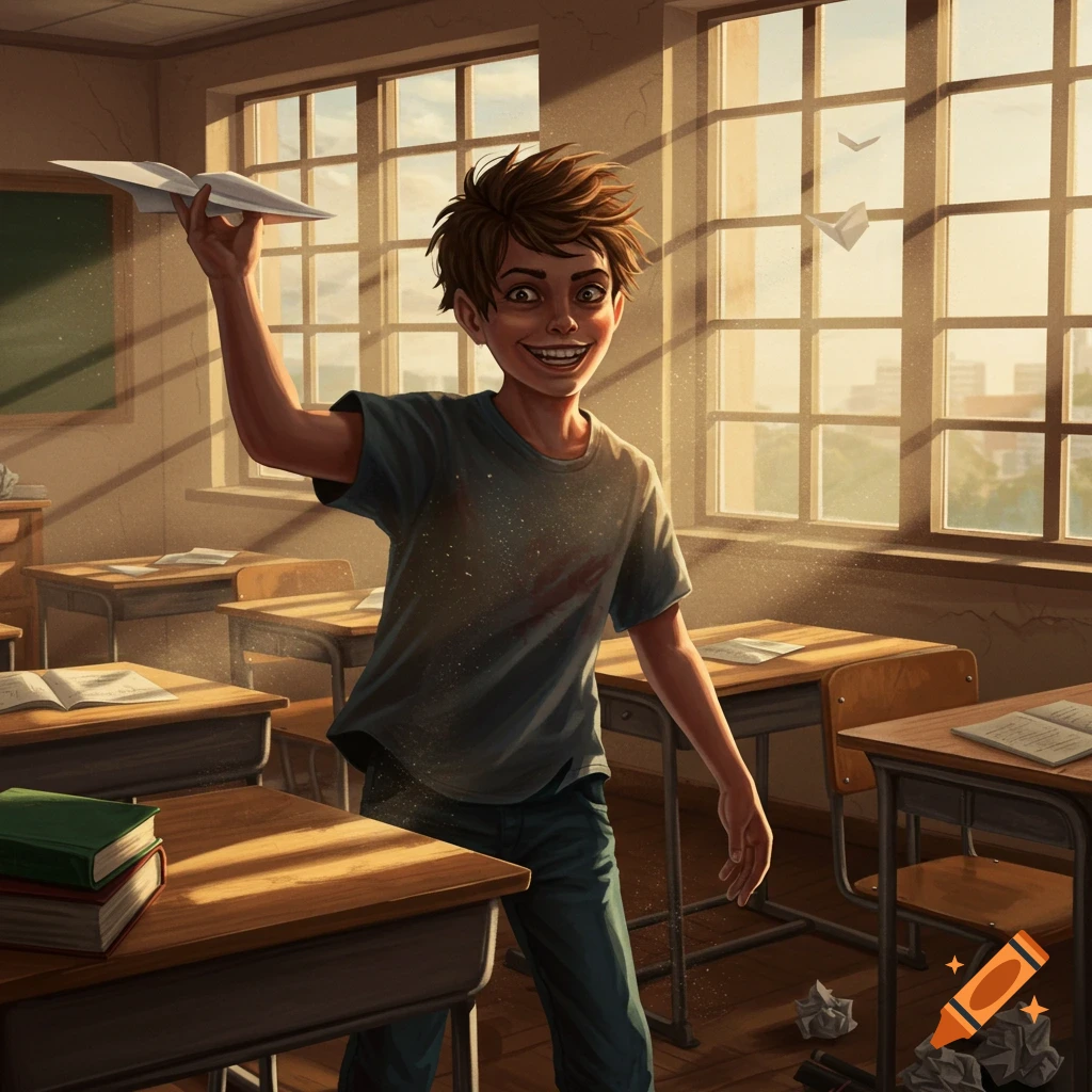 An illustration of a mischievous boy with a sinister grin throwing a paper airplane in a sunlit classroom.