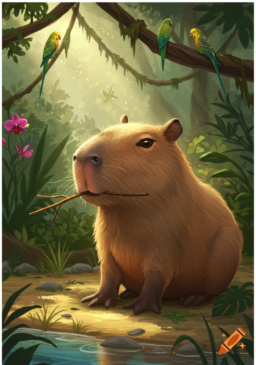 A cute capybara sits by a stream in a lush jungle, holding a small stick in its mouth, with birds perched on branches above.