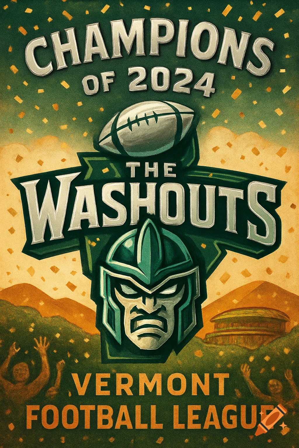 A vintage-style poster for the "Champions of 2024 Vermont Football League," featuring a football, a mascot helmet, and cheering crowds.