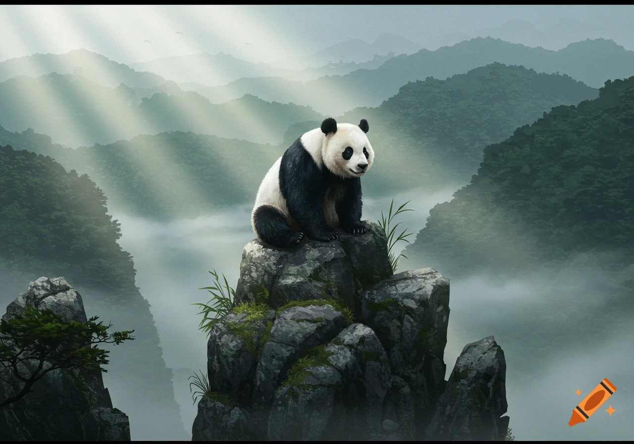 A panda sits atop a large rock formation in a misty, mountainous landscape with light rays breaking through clouds.