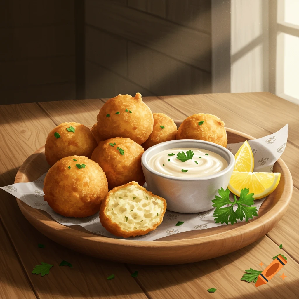 Illustrated plate of golden brown hush puppies with a white dipping sauce, lemon wedges, and fresh parsley on a wooden table.