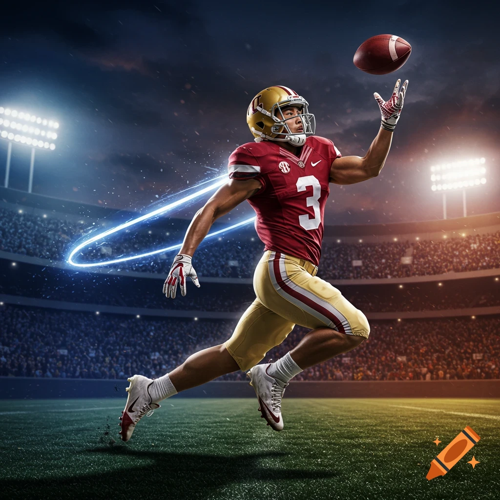 A photorealistic image of an Asian football player in a red jersey with number 3, leaping to catch a football in a brightly lit stadium.