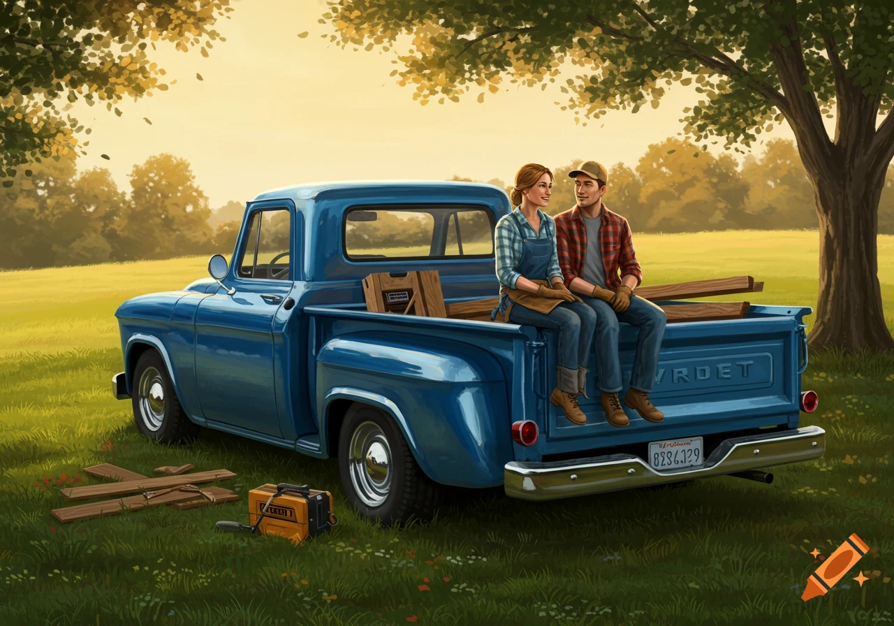 An illustration of a man and woman sitting on the tailgate of a vintage blue pickup truck in a grassy field.