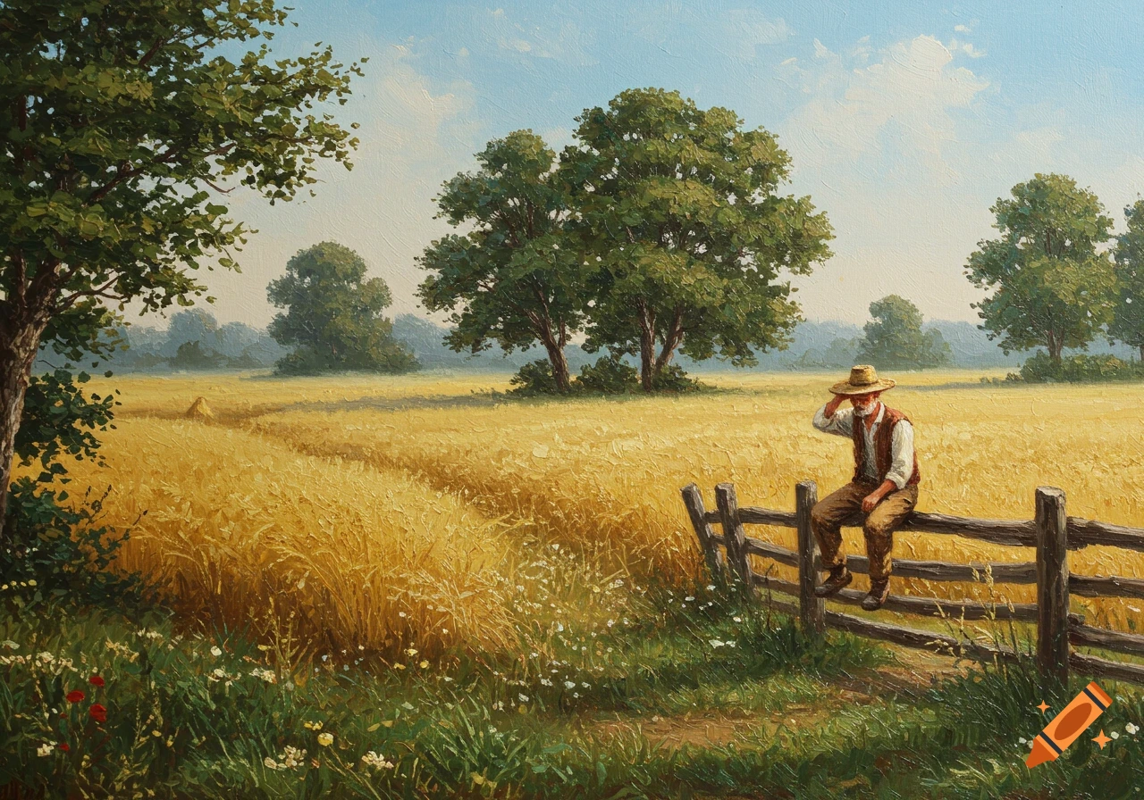 An oil painting of an old man with a straw hat sitting on a wooden fence in a golden wheat field with trees under a blue sky.