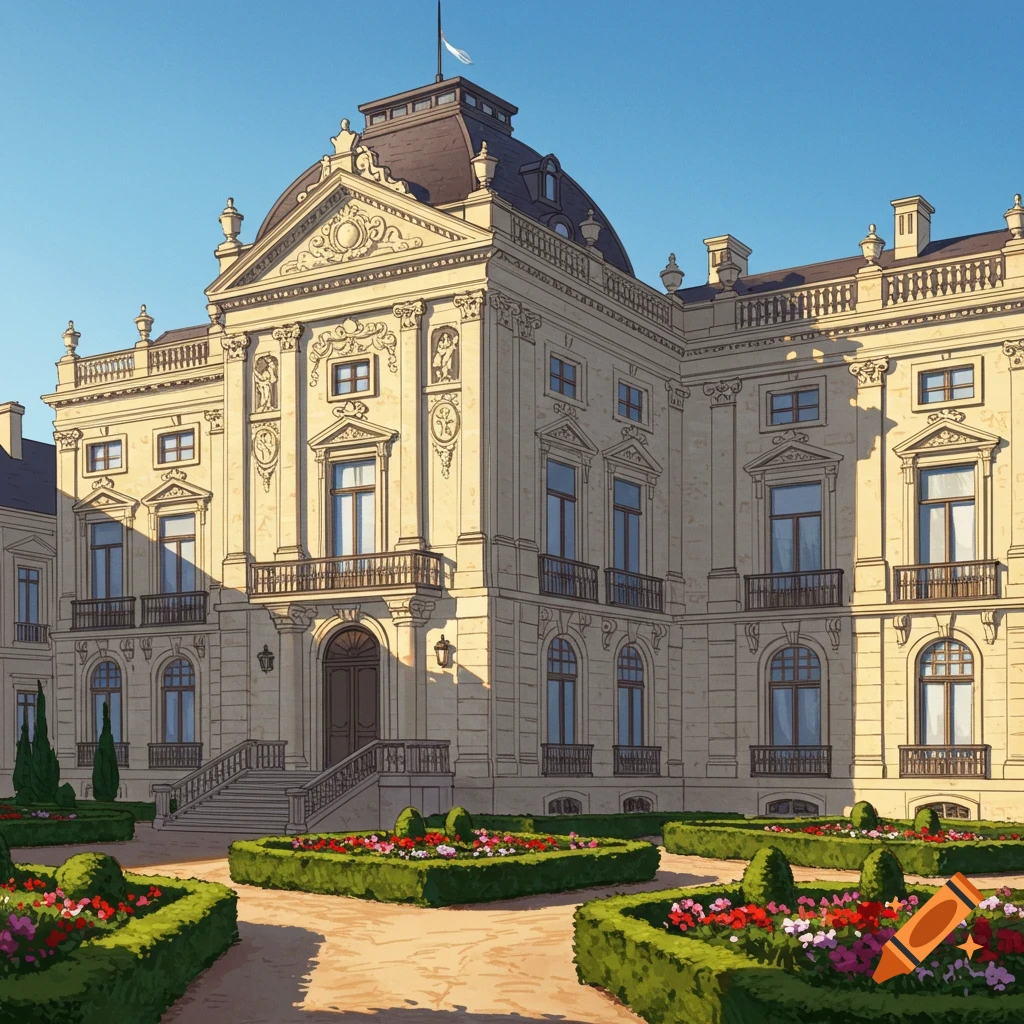 A grand, light-colored building with intricate detailing and a domed roof, surrounded by manicured gardens with hedges and colorful flowers under a clear blue sky.