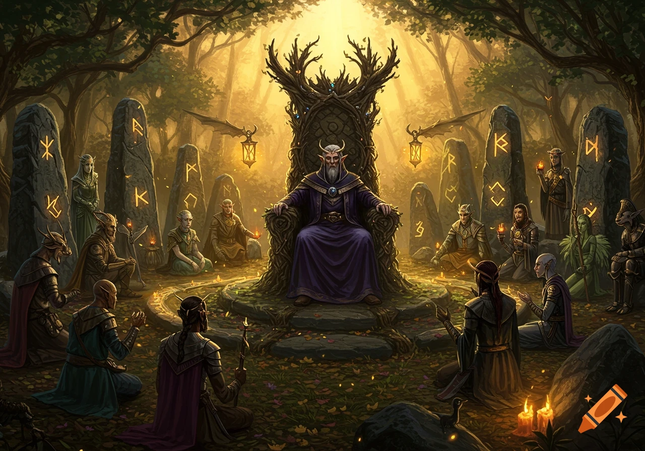 An elder figure sits on a root throne in a sunlit forest, surrounded by various elves and runic monoliths at a mystical gathering.