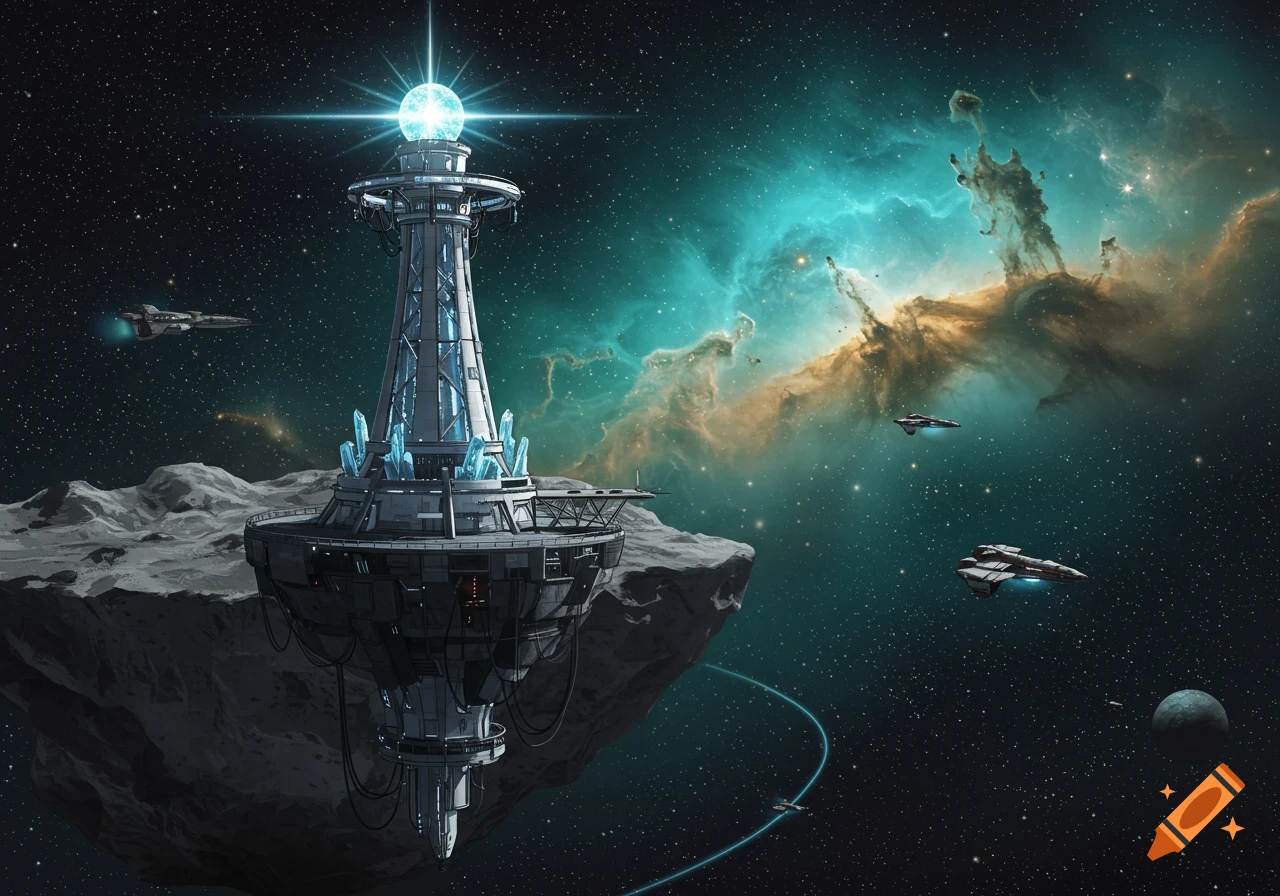 A futuristic lighthouse on a floating asteroid in deep space with a colorful nebula and spaceships flying by.