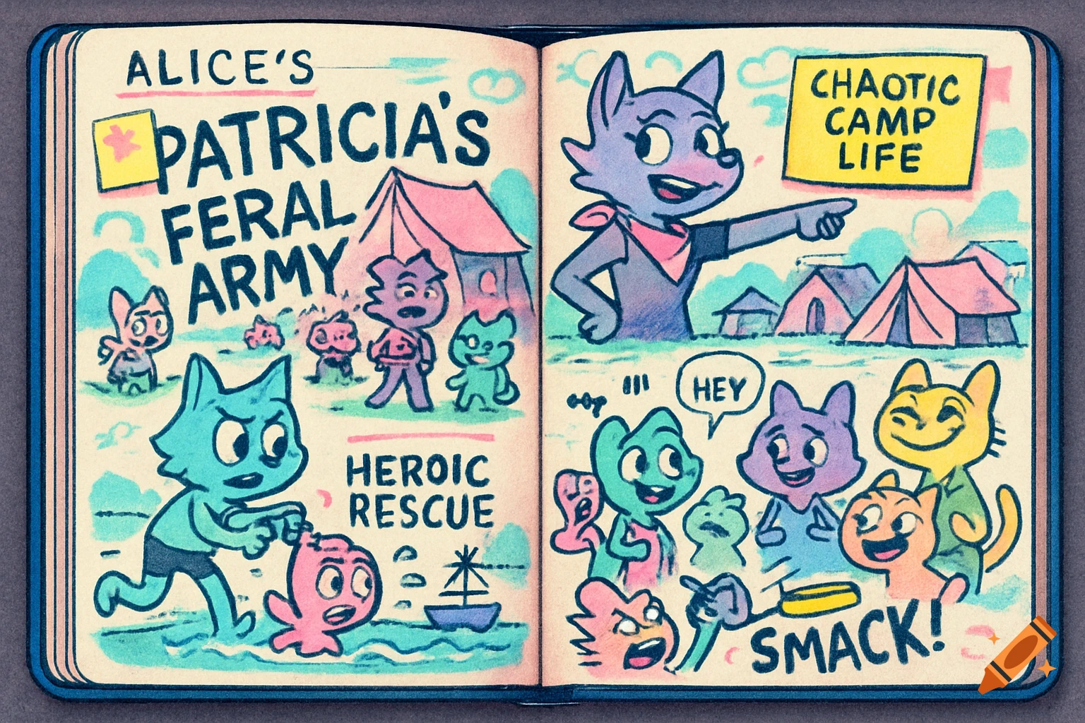 An open notebook with colorful cartoon illustrations of animals at a camp, featuring titles like 'Patricia's Feral Army' and 'Chaotic Camp Life' and a 'Heroic Rescue' scene.