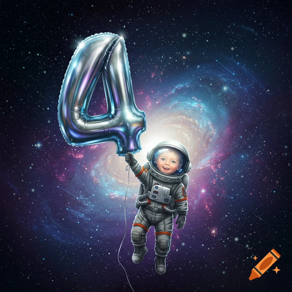A smiling young child in an astronaut suit floats in space, holding a large silver balloon shaped like the number 4, with a vibrant galaxy background.