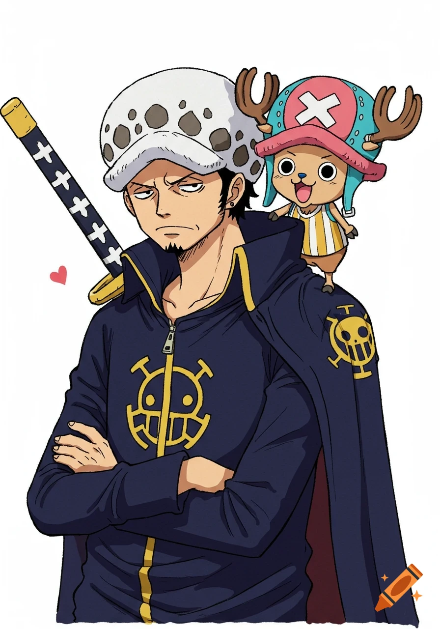 Trafalgar Law with Tony Tony Chopper on his shoulder, both from One Piece, in a cute anime style on a white background. Law looks annoyed.