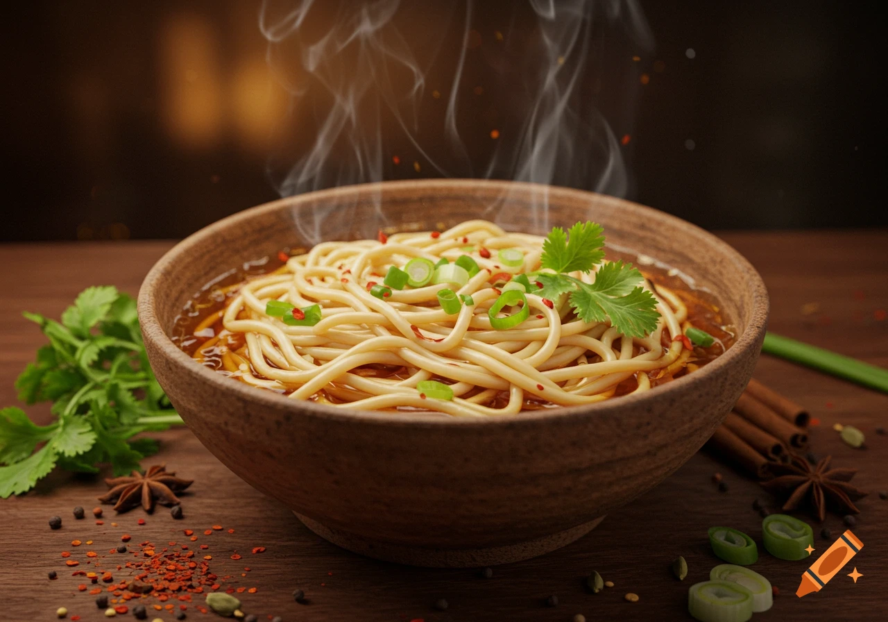 A steaming bowl of noodles garnished with green onions and cilantro on a wooden table with scattered spices.