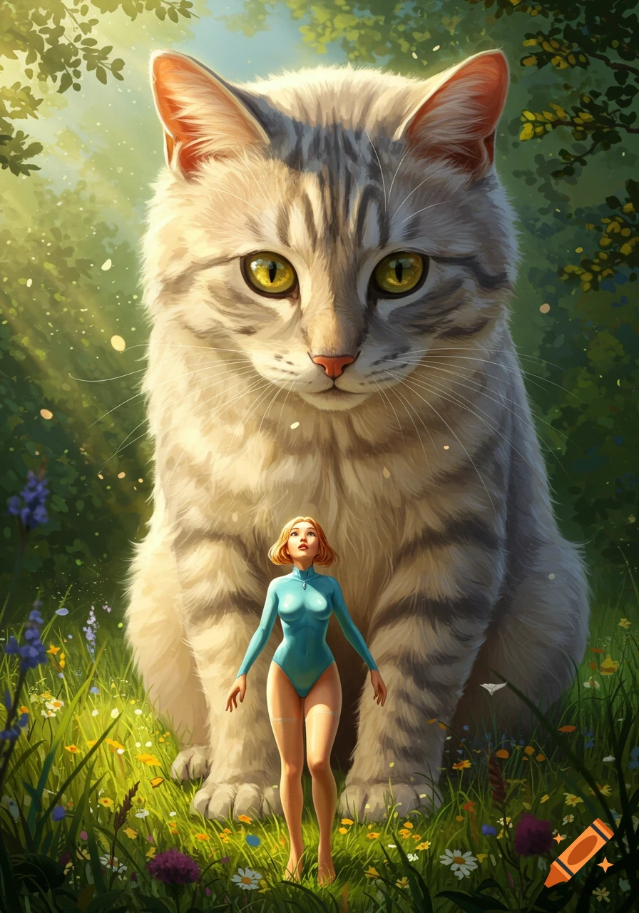 A tiny woman in a blue leotard looks up at a giant tabby cat in a lush, sunlit field of flowers. Digital art.