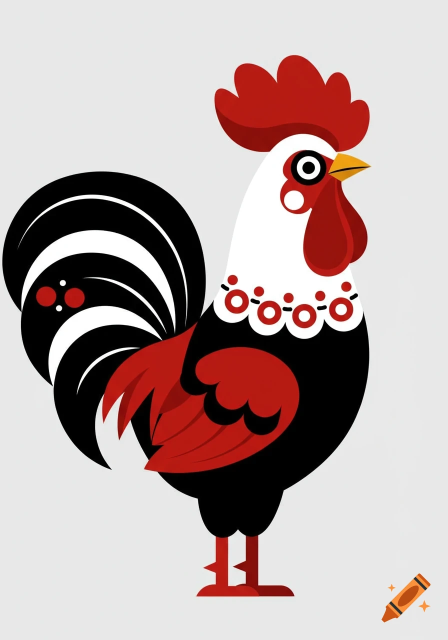 A stylized rooster in red, black, and white, resembling a folk art clip art illustration.