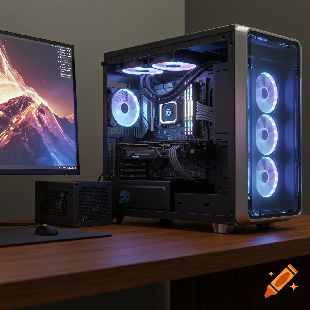 Photorealistic image of a modern desktop computer setup with a gaming PC, monitor displaying a mountain landscape, and a power supply on a wooden desk.