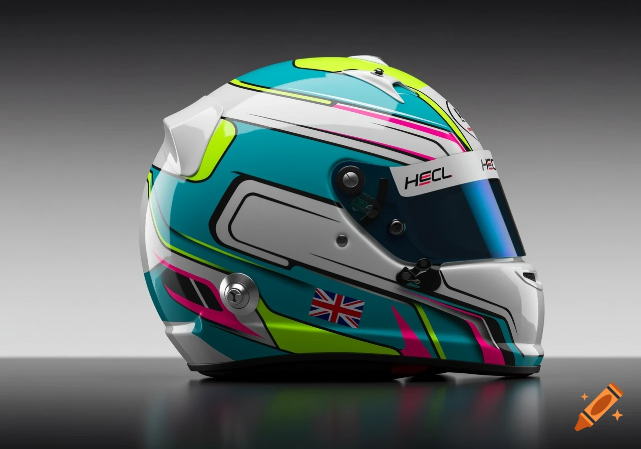 A professional karting helmet with a glossy white base, turquoise, yellow, and pink stripes, and a British flag.
