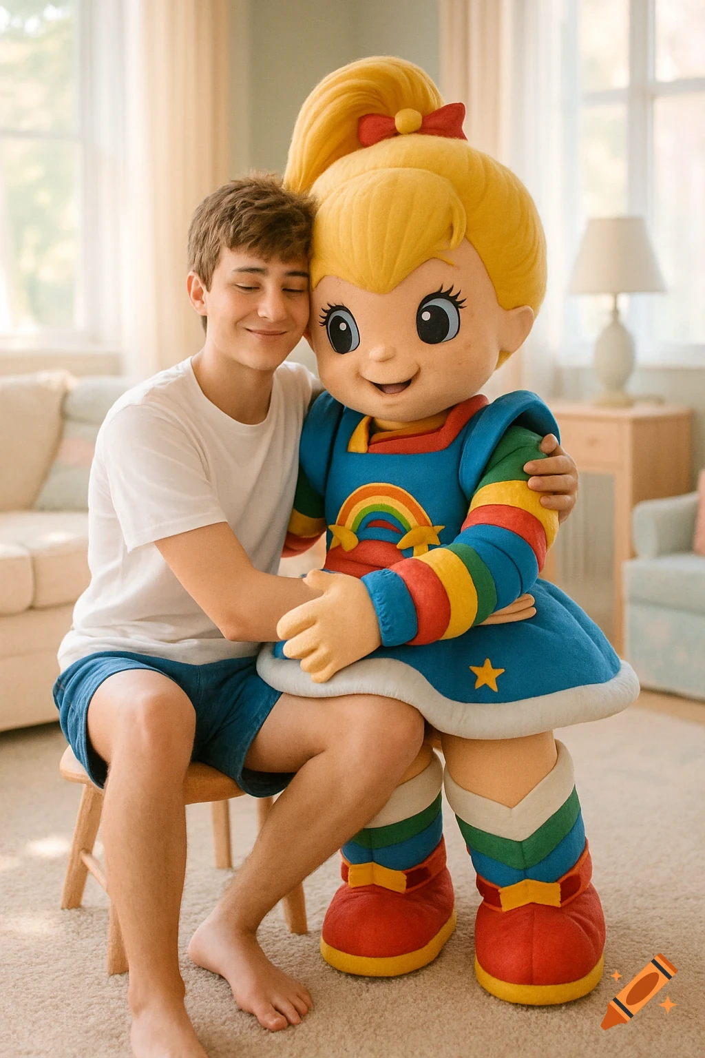 A teenage boy in a white t-shirt and blue shorts sits on the lap of a Rainbow Brite mascot in a bright room, embracing them.