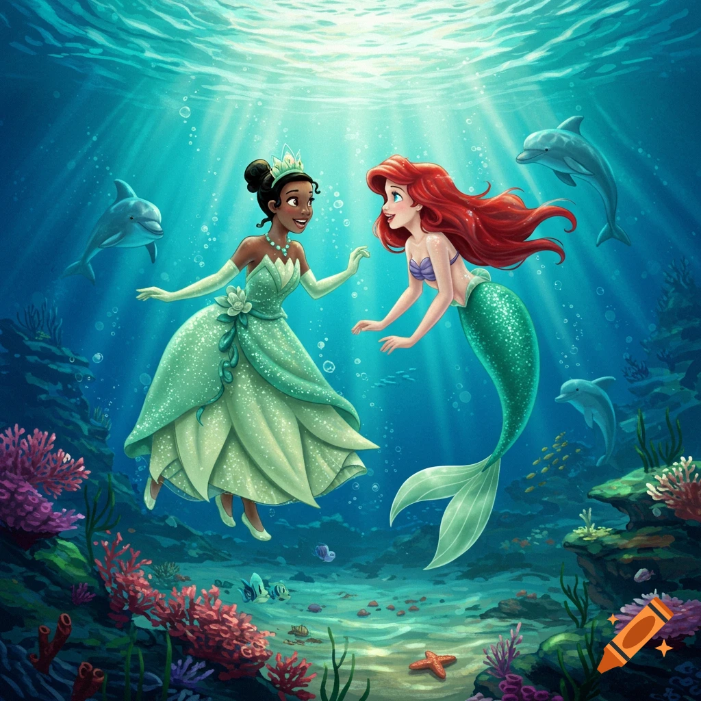 Princess Tiana in a gown and Ariel as a mermaid float together in a vibrant cartoon underwater scene with coral reefs and dolphins.