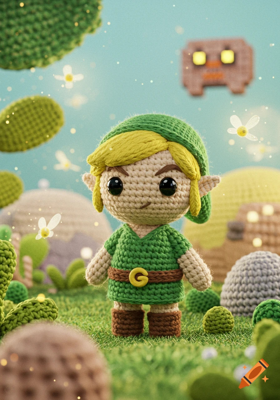 A crocheted Link doll from The Legend of Zelda stands in a grassy landscape with crocheted trees and glowing fireflies.
