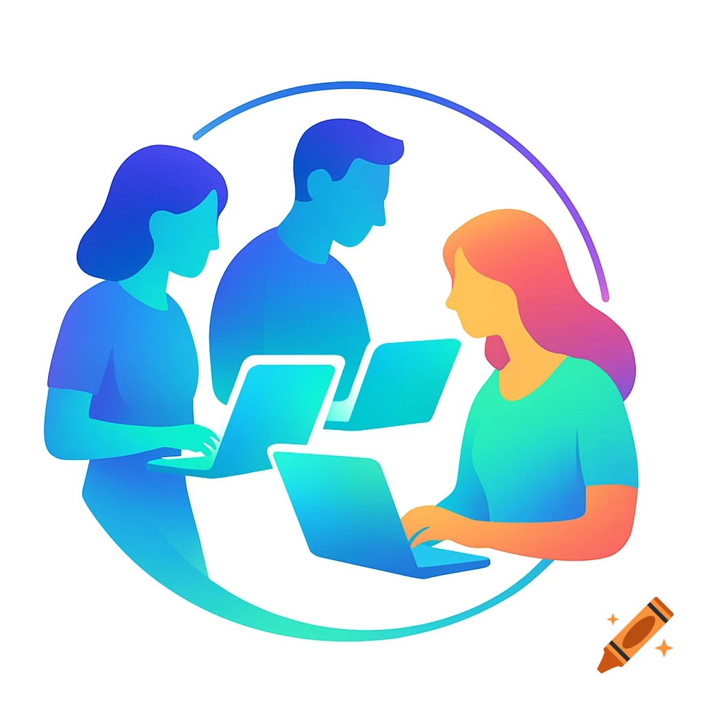 Three stylized people with fluid gradients working on laptops, forming a modern logo design.