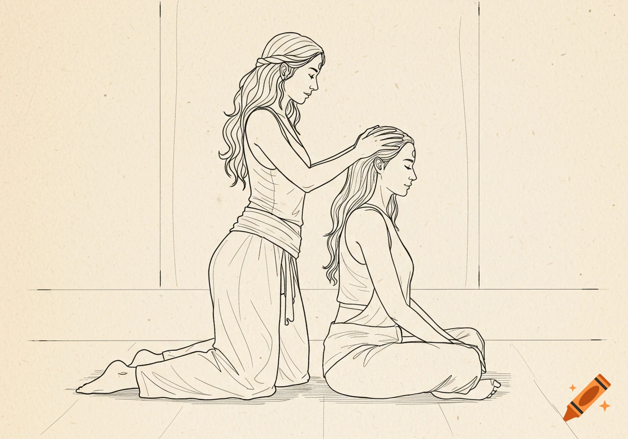Line drawing of a kneeling woman performing hands-on healing on another woman sitting cross-legged.