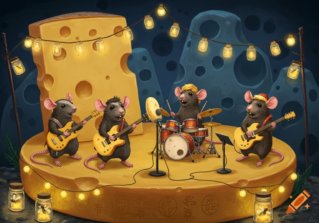 Four cartoon rats play music on a cheese stage, illuminated by string lights with fireflies in jars, against a dark background with cheese holes.