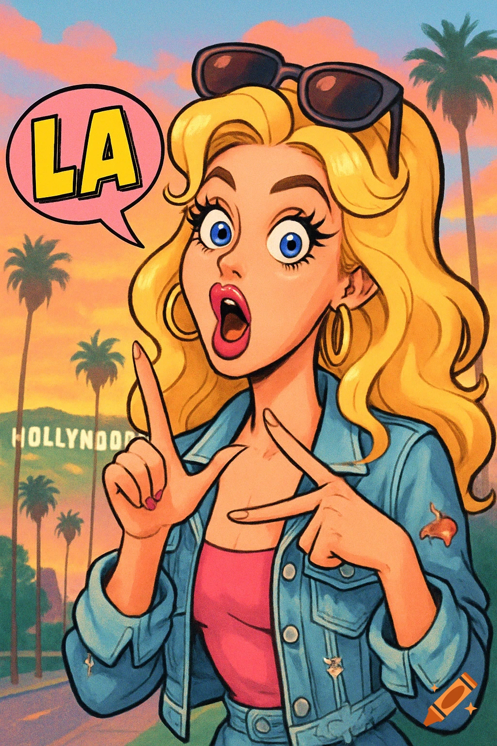 A cartoon blonde woman with sunglasses on her head gestures with her hands forming an 'LA' symbol, with a speech bubble saying 'LA' and the Hollywood sign in the background at sunset.