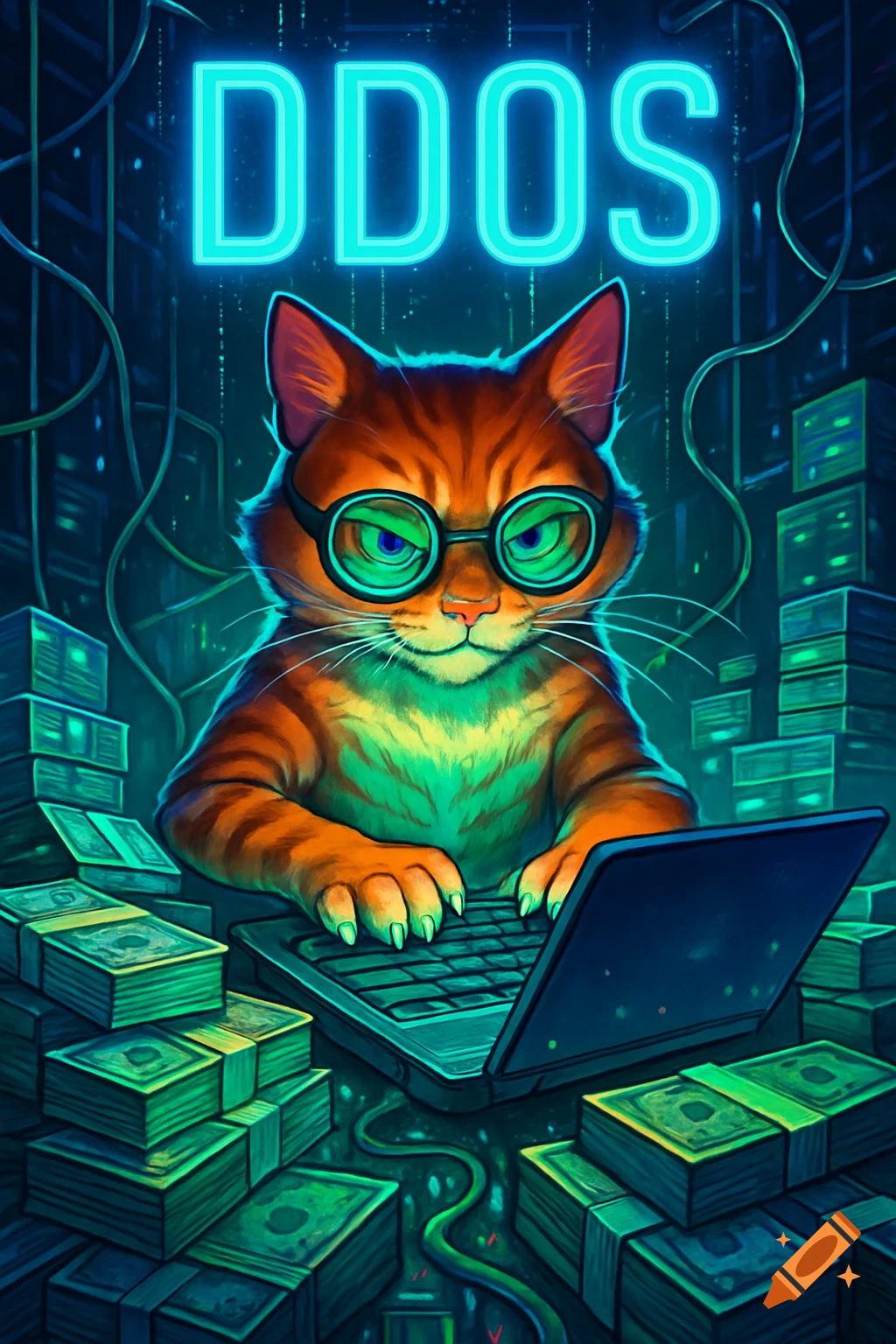 A cartoon ginger cat in green glasses types on a laptop, surrounded by stacks of cash, with neon 'DDOS' text above in a cyberpunk style.
