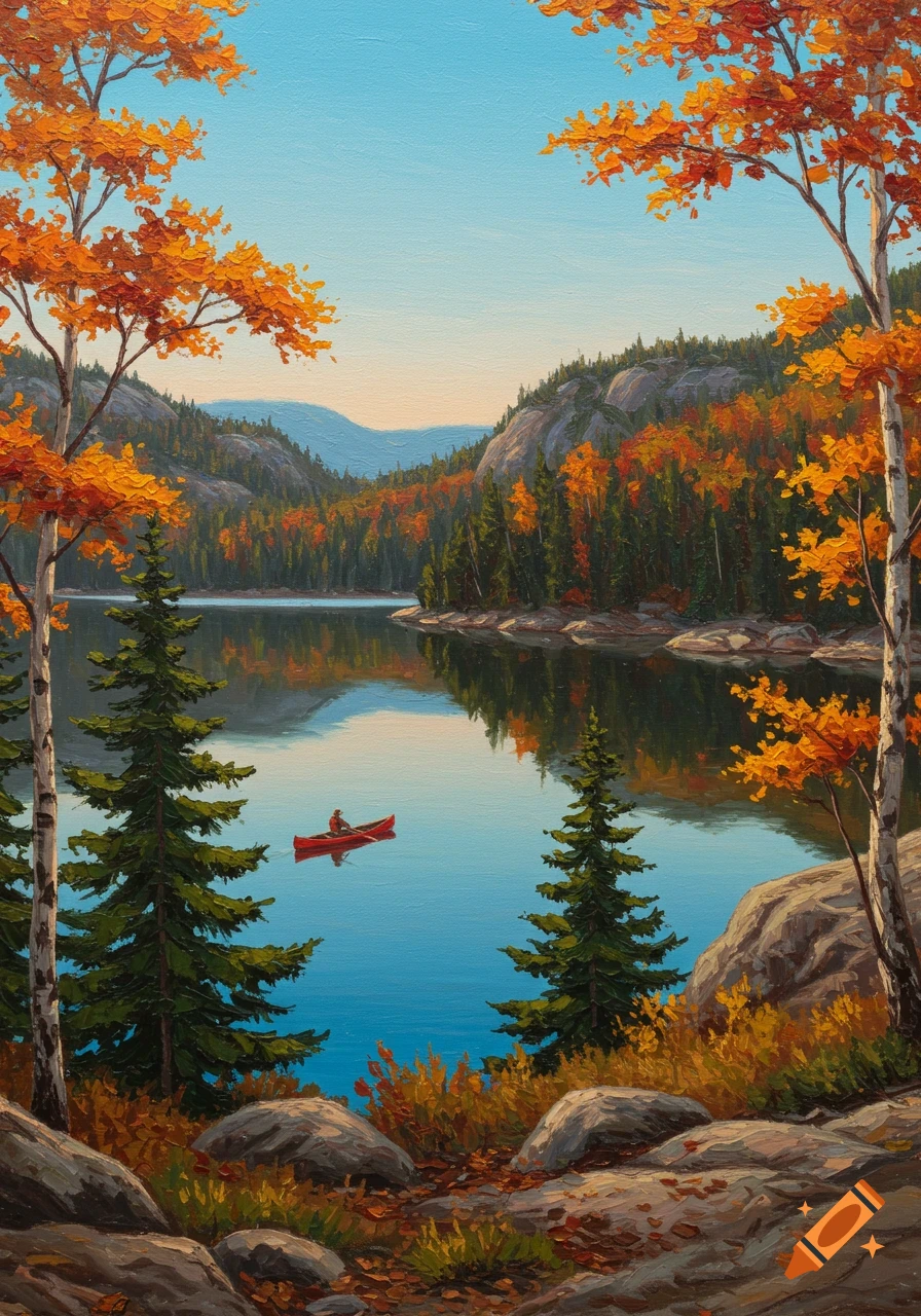 An oil painting of a lone canoeist on a calm lake surrounded by mountains and trees with vibrant autumn foliage.
