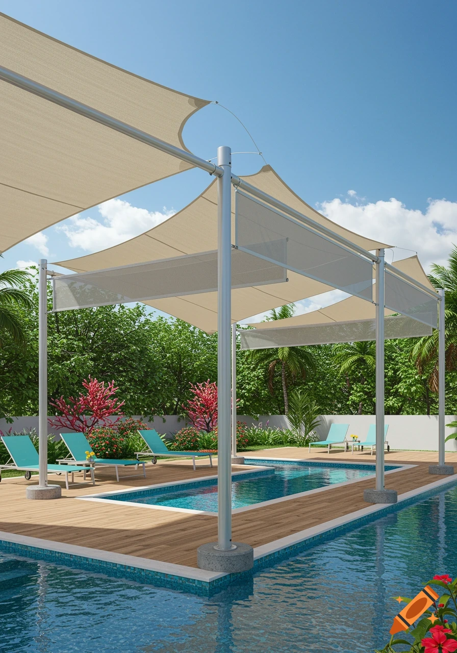 Photorealistic 3D rendering of a modern beige sun shade canopy system over two swimming pools and a wooden deck in a lush tropical setting.