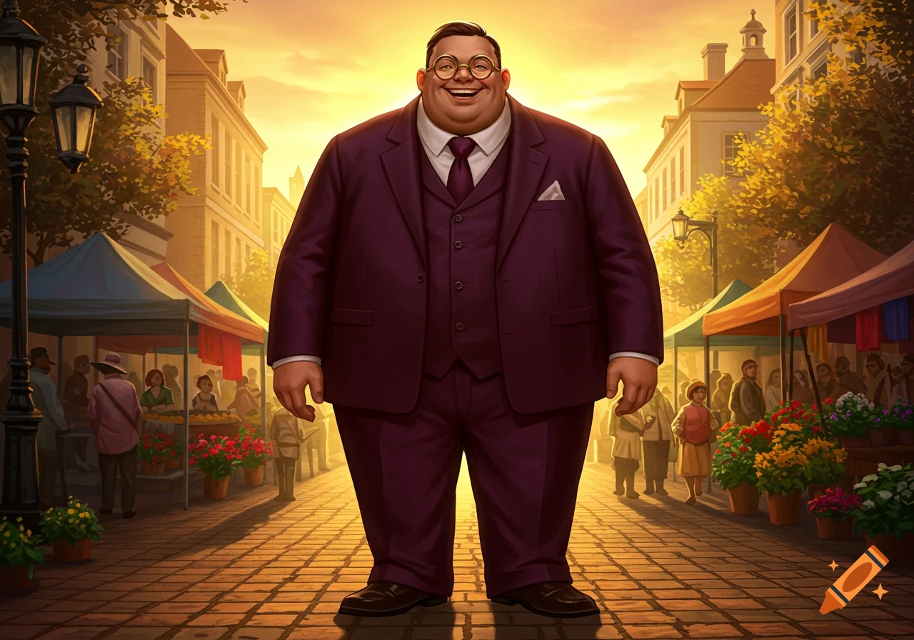 A smiling, corpulent man in a purple suit and glasses stands on a market street at sunset.