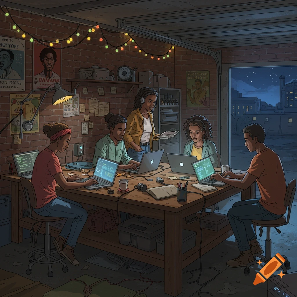 Four African American computer science students work on laptops in a dimly lit garage, surrounded by brick walls and string lights.