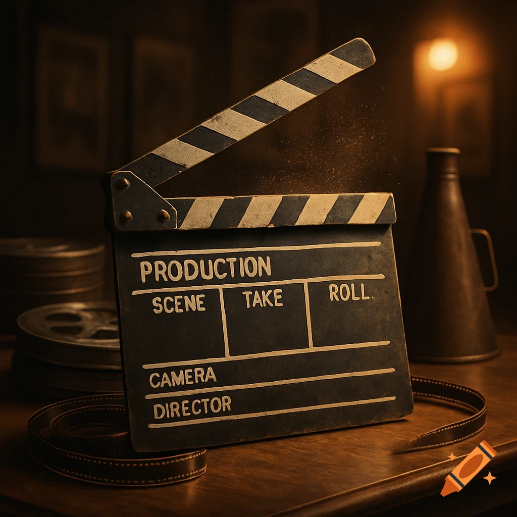 Close-up of a film clapperboard on a wooden table with film reels and a megaphone in the background, in a warm, cinematic style.