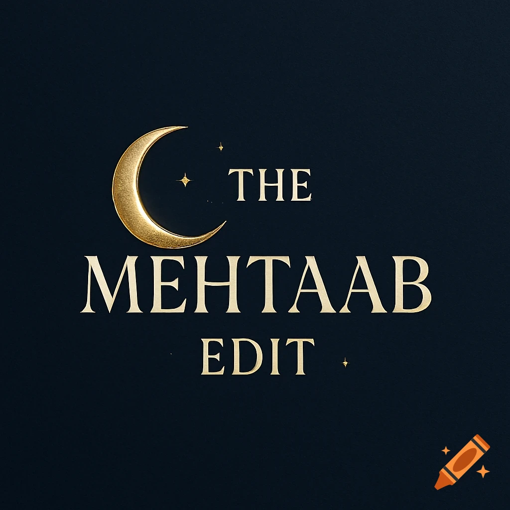 Minimalist logo with a golden crescent moon next to 'THE MEHTAAB EDIT' text on a dark background.