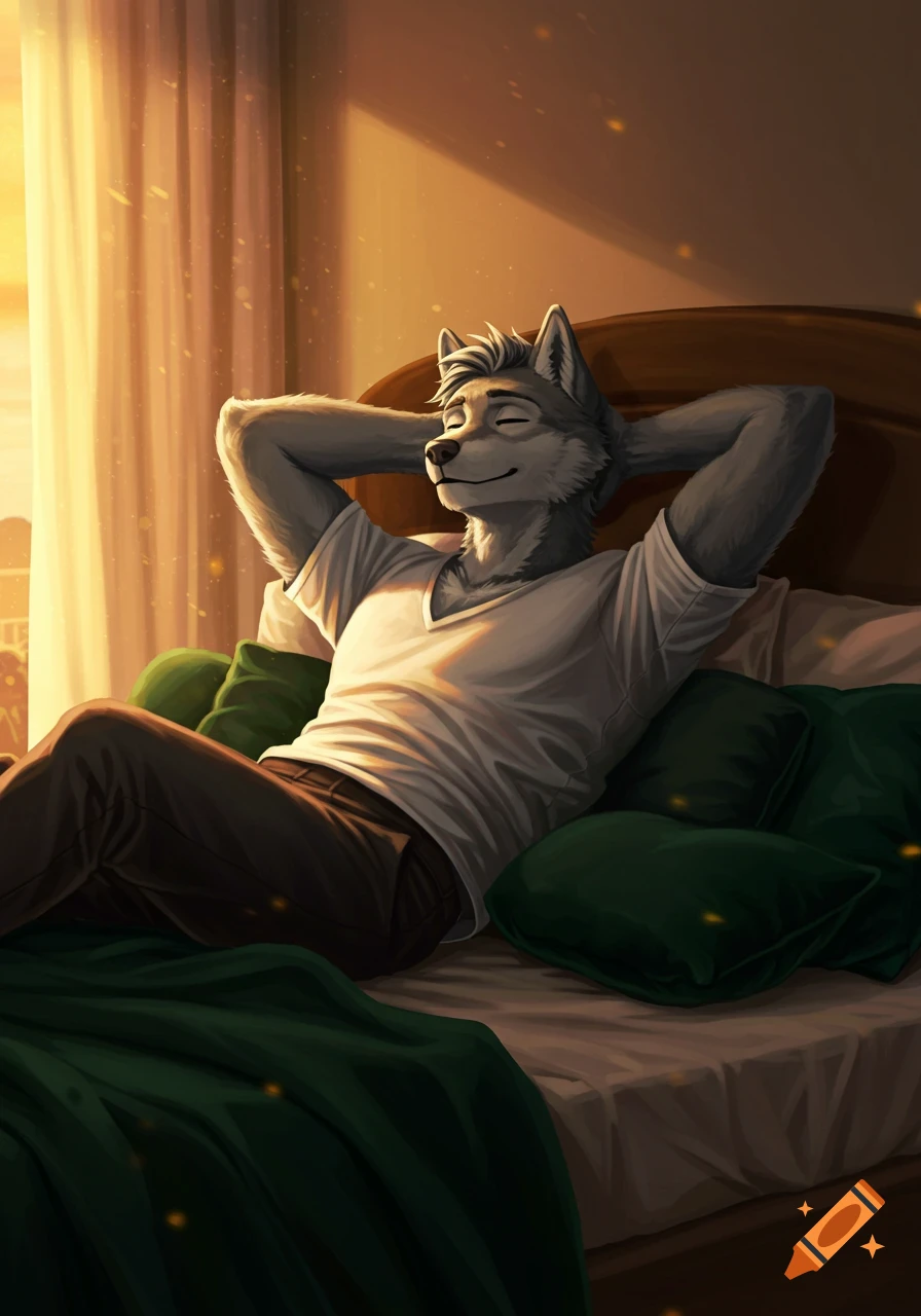 A relaxed male wolf-hybrid lies in bed with eyes closed, hands behind his head, bathed in warm sunlight.