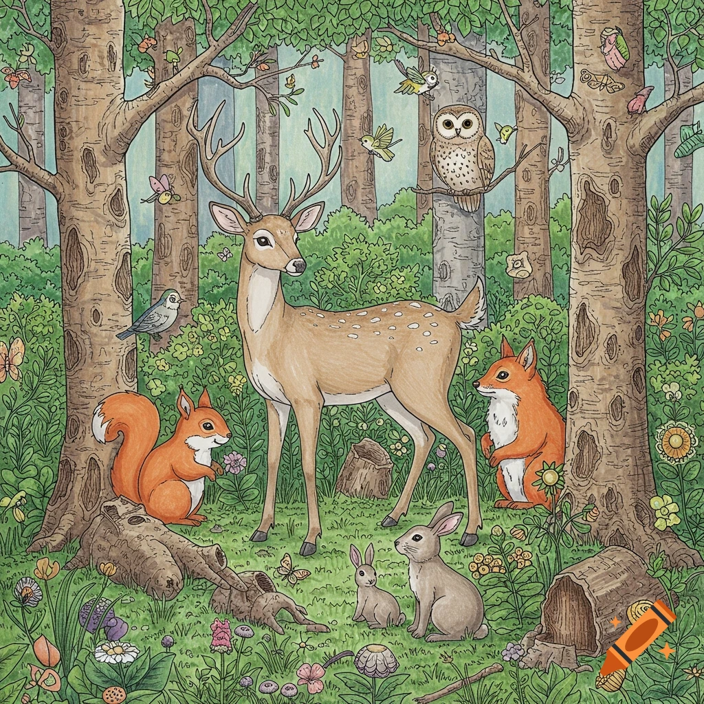 A charming illustration of a deer, fox, squirrel, rabbits, and an owl in a lush forest, in the style of a coloring page.