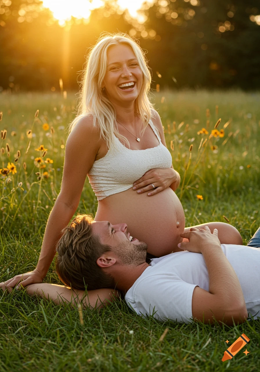 A pregnant woman sits in a sunny field as her partner lies with his head on her baby bump, both laughing.