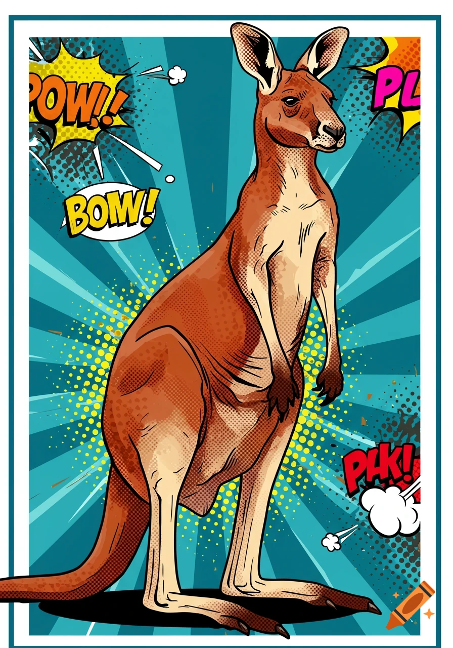 A vibrant pop art poster of a brown kangaroo standing, with comic book style sound effects on a blue burst background.