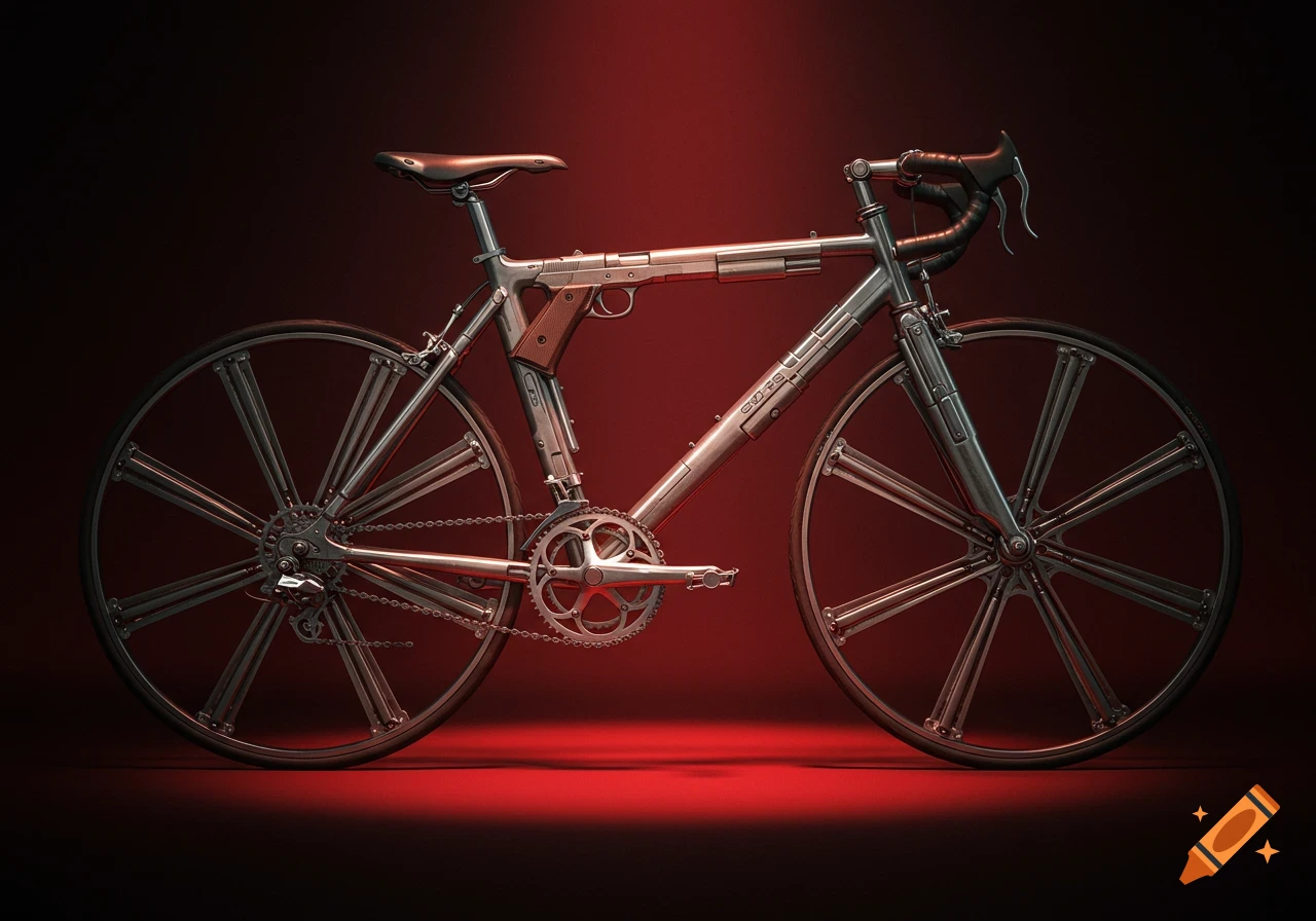 A bicycle with a frame constructed from gun parts, set against a dark red background.