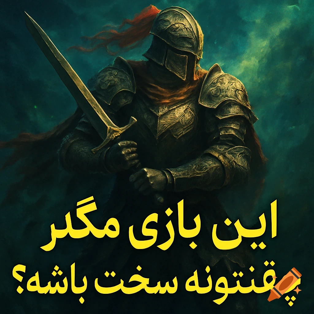 A dark knight in full armor holds a sword, with bright yellow Persian text overlaying the bottom portion of the image. The background is a mix of dark blue and green.