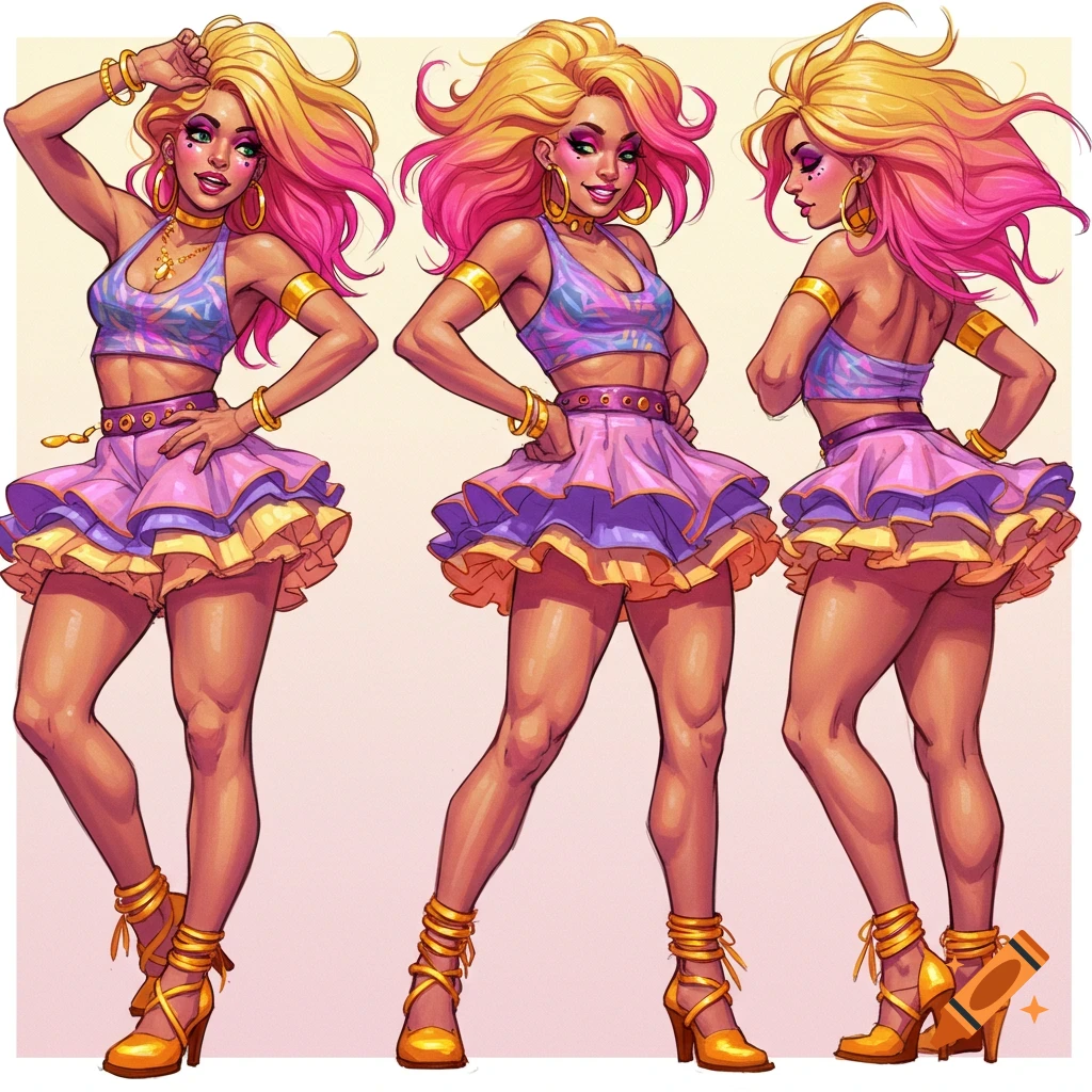 A vibrant, stylized illustration of a woman in three dynamic poses, wearing a colorful crop top, ruffled skirt, and gold accessories.