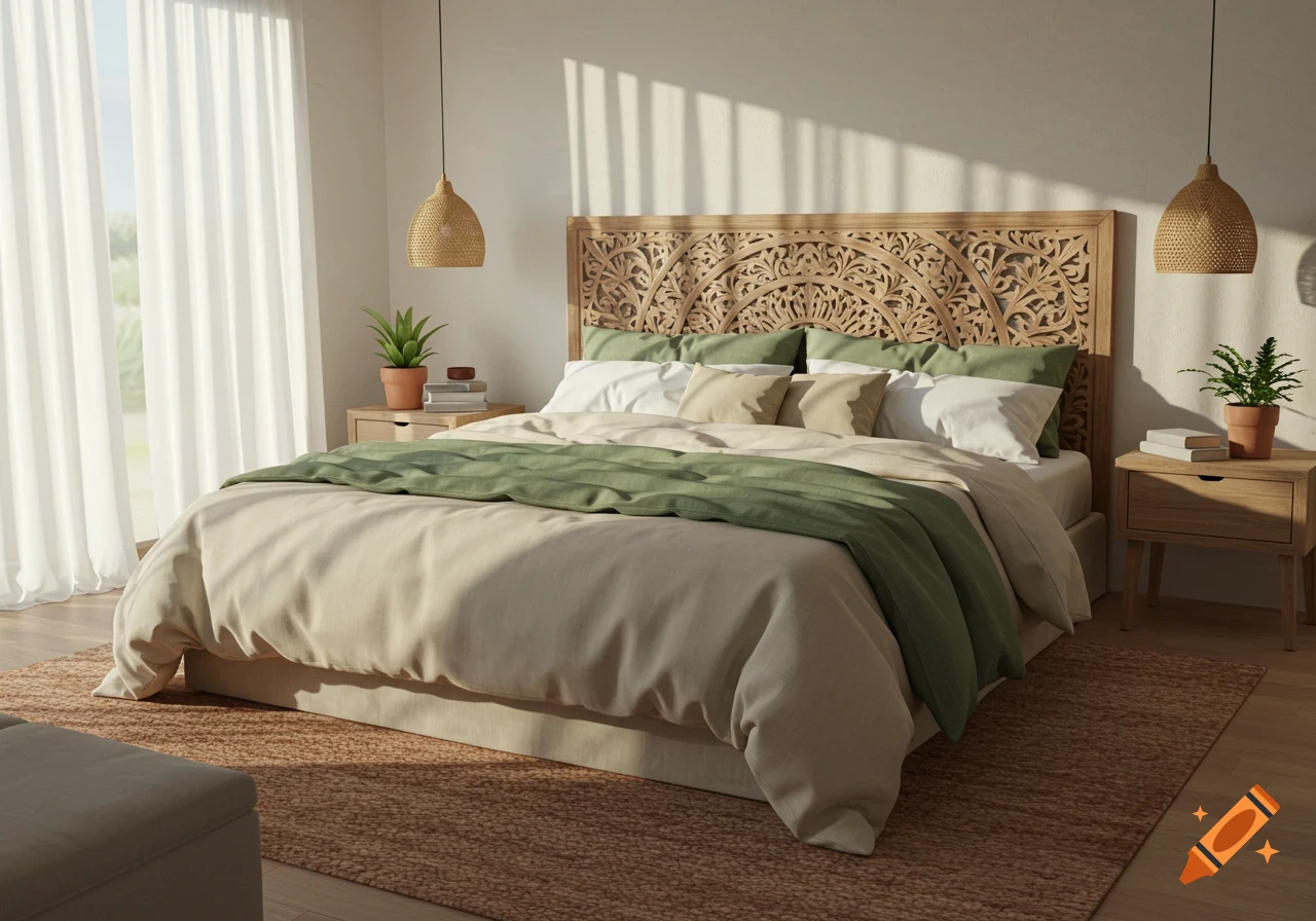 Bright bedroom with a large bed, carved wooden headboard, green and beige bedding, and natural light from a window with sheer curtains.